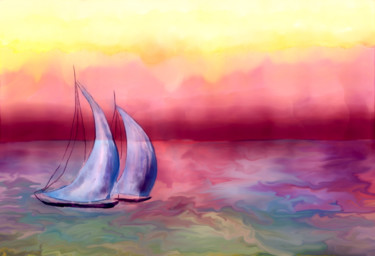 Digital Arts titled "Two sailboats on a…" by Anton Vivchar, Original Artwork, Digital Painting