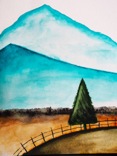 Painting titled "Lonely tree on a ba…" by Anton Vivchar, Original Artwork, Watercolor