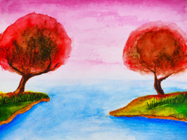 Pintura titulada "Two flowering trees…" por Anton Vivchar, Obra de arte original, Acuarela