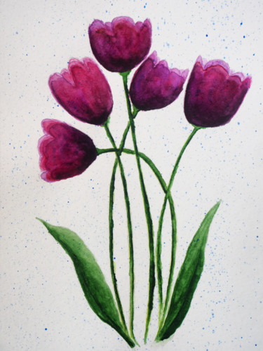 Malerei mit dem Titel "Purple tulips on wh…" von Anton Vivchar, Original-Kunstwerk, Aquarell
