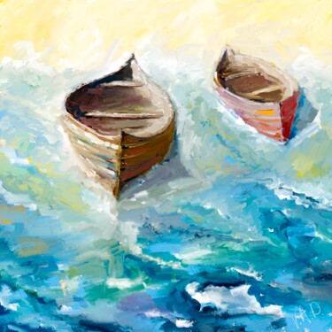 Digital Arts titled "Two boats on the be…" by Anton Vivchar, Original Artwork, Digital Painting