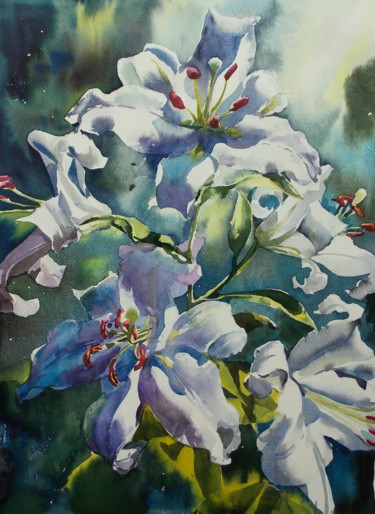 Painting titled "WHITE LILIES #2" by Yuriy Pashkov, Original Artwork, Watercolor
