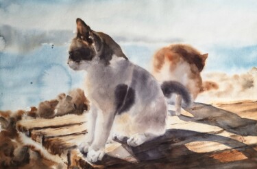 Pintura intitulada "Cats: Somewhere on…" por Irina Vorobei, Obras de arte originais, Aquarela