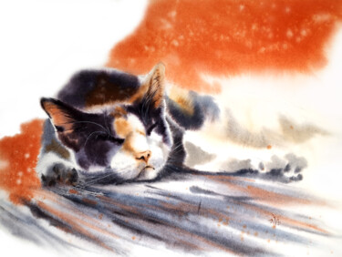 Peinture intitulée ""Dreaming Cat" III" par Irina Vorobei, Œuvre d'art originale, Aquarelle