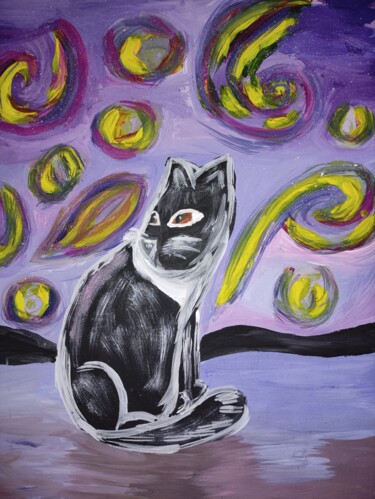 Ζωγραφική με τίτλο "Лунный кот, на холс…" από Vkavtor, Αυθεντικά έργα τέχνης, Ακρυλικό