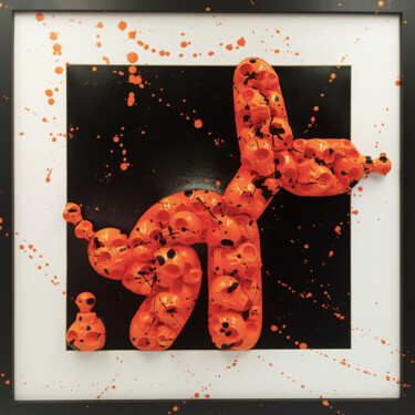 Γλυπτική με τίτλο "Koons Skull Orange" από Vl, Αυθεντικά έργα τέχνης, Ρητίνη Τοποθετήθηκε στο Ξύλινο πάνελ