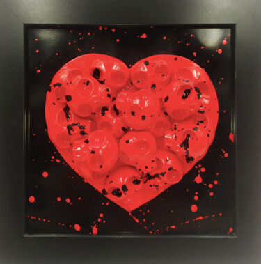 Sculpture titled "Heart Skull Rouge" by Vl, Original Artwork, Acrylic Mounted on Wood Panel