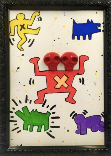 Painting titled "Haring Skull Color" by Vl, Original Artwork, Acrylic Mounted on Wood Stretcher frame