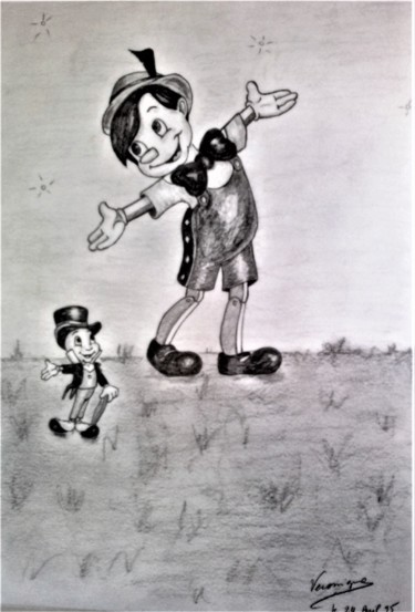 Rysunek zatytułowany „Pinocchio et Jiminy…” autorstwa Véronique Lachenal, Oryginalna praca, Ołówek