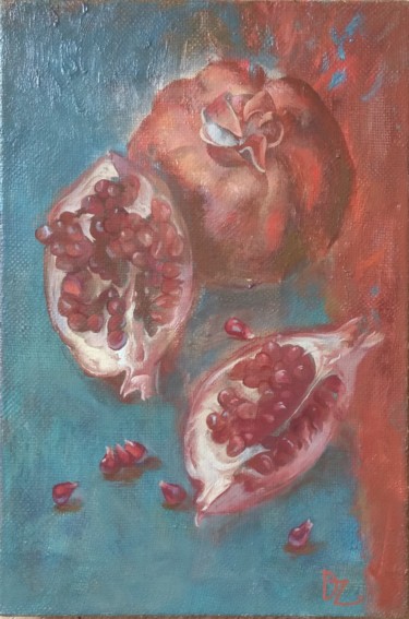 Peinture intitulée "Pomegranate on blue…" par Vlad Dziuba, Œuvre d'art originale, Huile