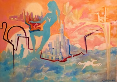 Картина под названием "Город солнца" - Влад Судницкий, Подлинное произведение искусства, Масло Установлен на Деревянная рама…