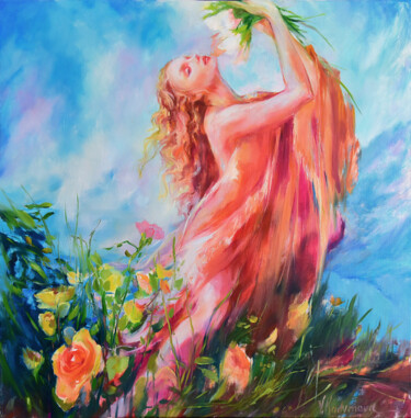 Painting titled "In the Sunshine" by Vlada Kadymova, Original Artwork, Oil Mounted on Wood Stretcher frame