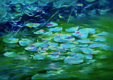 Painting titled "Morning water lilies" by Vlada Kadymova, Original Artwork, Oil Mounted on Wood Stretcher frame