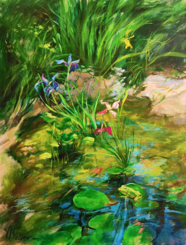 Картина под названием "Summer Pond" - Vlada Kadymova, Подлинное произведение искусства, Акрил Установлен на Деревянная рама…