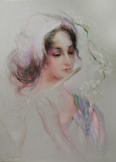 Dessin intitulée "Girl with a Flute" par Vlada Kadymova, Œuvre d'art originale, Pastel