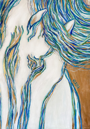 Painting titled "Sad horse" by Vladia Molchanova (VLADIA), Original Artwork, Oil Mounted on Wood Stretcher frame