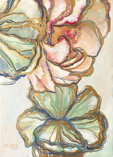 Painting titled "Flowers by golden l…" by Vladia Molchanova (VLADIA), Original Artwork, Oil Mounted on Wood Stretcher frame