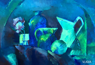 Painting titled "Blue stillife" by Vladia Molchanova (VLADIA), Original Artwork, Oil Mounted on Wood Stretcher frame