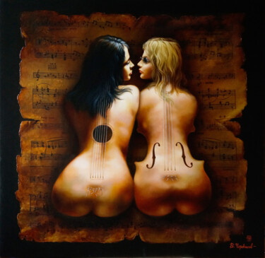 Schilderij getiteld "Guitar and violin…" door Vladimir Cherkasov, Origineel Kunstwerk, Olie