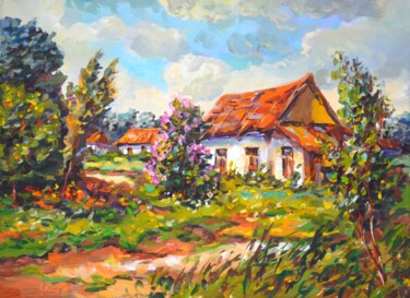 Painting titled "Дом в деревне" by Vladimir Gurbo, Original Artwork, Oil Mounted on Wood Stretcher frame