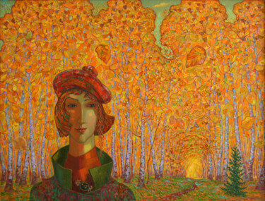 Painting titled "Осенний листопад" by Vladimir Konev, Original Artwork, Oil
