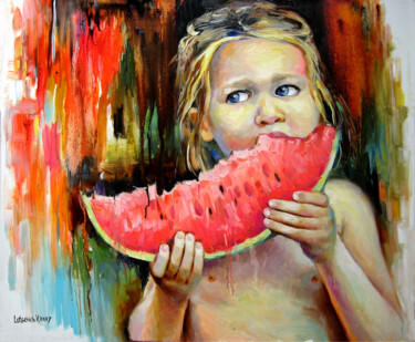 Pintura intitulada "baby with watermelon" por Vladimir Lutsevich, Obras de arte originais, Óleo