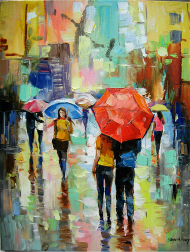 Картина под названием "Red umbrella" - Vladimir Lutsevich, Подлинное произведение искусства, Масло