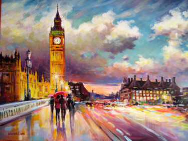Painting titled "Evening rain in Lon…" by Vladimir Lutsevich, Original Artwork, Acrylic
