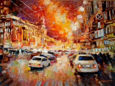 Painting titled "Night city" by Vladimir Lutsevich, Original Artwork, Oil