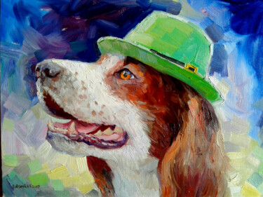 Painting titled "Dog in a green hat" by Vladimir Lutsevich, Original Artwork, Oil