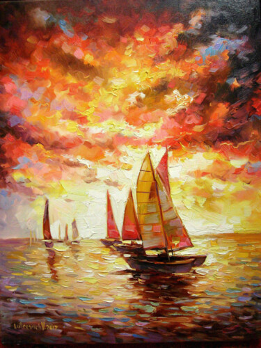 Pintura intitulada "Sailboats on the sea" por Vladimir Lutsevich, Obras de arte originais, Óleo