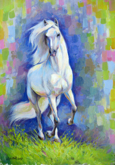 Painting titled "White horse" by Vladimir Lutsevich, Original Artwork, Acrylic