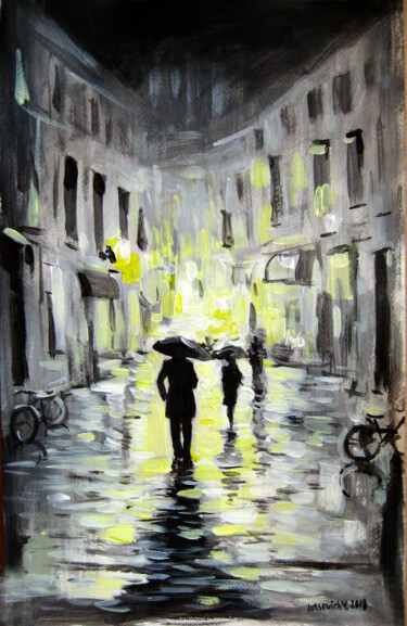 Malerei mit dem Titel "Rain in the old city" von Vladimir Lutsevich, Original-Kunstwerk, Acryl