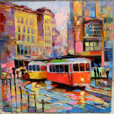 Painting titled "Red tram" by Vladimir Lutsevich, Original Artwork, Oil