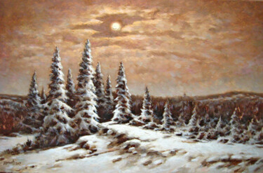 Картина под названием "Moonrise in the for…" - Vladimir Lutsevich, Подлинное произведение искусства, Масло