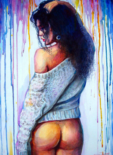 Painting titled "dark-haired shamele…" by Vladimir Lutsevich, Original Artwork, Watercolor