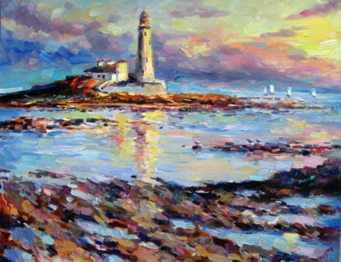 Painting titled "Lighthouse in the s…" by Vladimir Lutsevich, Original Artwork, Oil