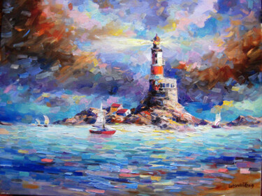 Painting titled "Lighthouse at sea-2" by Vladimir Lutsevich, Original Artwork, Oil