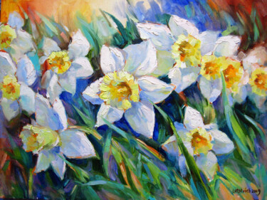 Painting titled "Sketch of daffodils" by Vladimir Lutsevich, Original Artwork, Oil