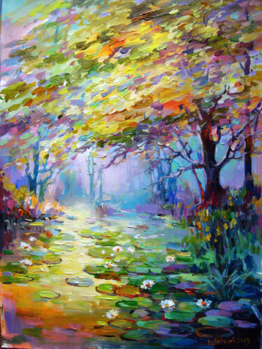 Painting titled "Forest lake" by Vladimir Lutsevich, Original Artwork, Acrylic