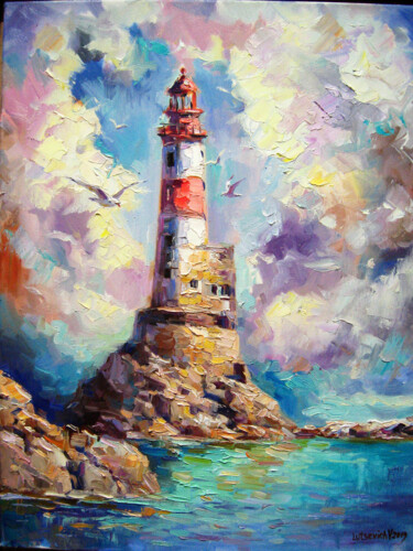 Painting titled "OLD LIGHTHOUSE" by Vladimir Lutsevich, Original Artwork, Oil Mounted on Wood Stretcher frame