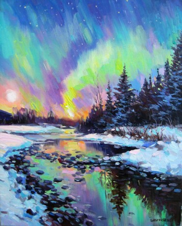 Pintura intitulada "Northern lights. Ca…" por Vladimir Lutsevich, Obras de arte originais, Óleo Montado em Armação em madeira