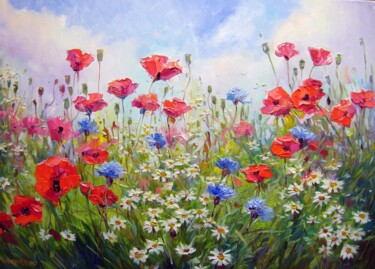Painting titled "Wildflowers" by Vladimir Lutsevich, Original Artwork, Oil Mounted on Wood Stretcher frame