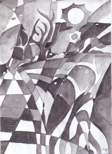 Рисунок под названием "Дерево на закате" - Владимир Мозалевский, Подлинное произведение искусства, Акварель
