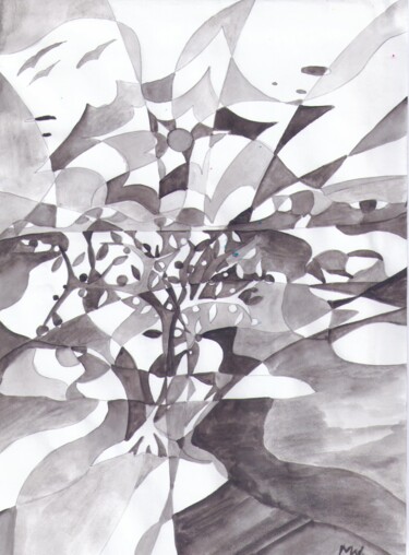 Рисунок под названием "Дерево у леса" - Владимир Мозалевский, Подлинное произведение искусства, Акварель