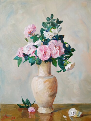Painting titled "Tea roses" by Vladimir Natalushko, Original Artwork, Oil