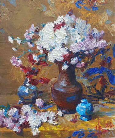 Painting titled "still life with flo…" by Vladimir Natalushko, Original Artwork, Oil Mounted on Wood Stretcher frame