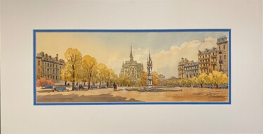 Impressões e gravuras intitulada "Jardin de Paris" por Vladimir Oborotov, Obras de arte originais, Aquarela Montado em Cartão