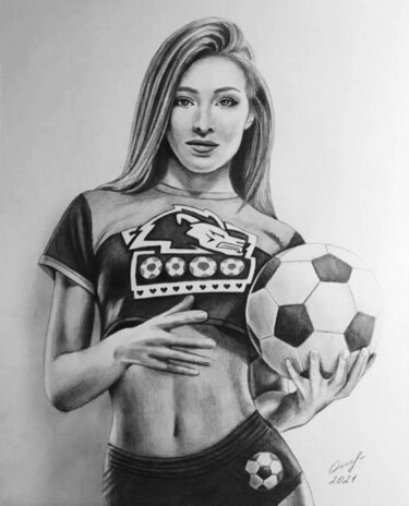 Drawing titled "Футболистка" by Vladimir Oshmarin, Original Artwork, Pencil