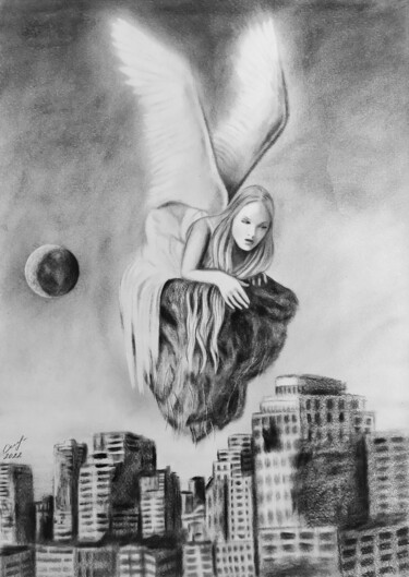Рисунок под названием "Ангел над городом" - Владимир Ошмарин, Подлинное произведение искусства, Карандаш
